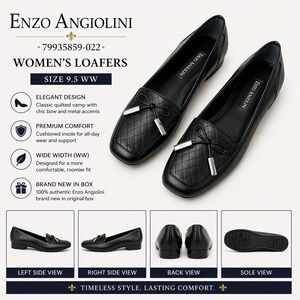 Enzo Angiolini Womens Black Quilted Loafers Bow Square Toe Wide Width 9.5 WW NEW